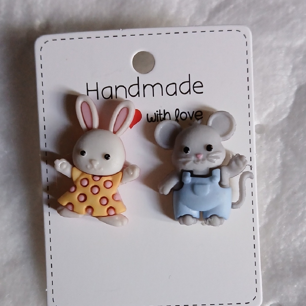 Handmade Bunny & Mouse Buttons - Yellow Polka Dot & Light Blue